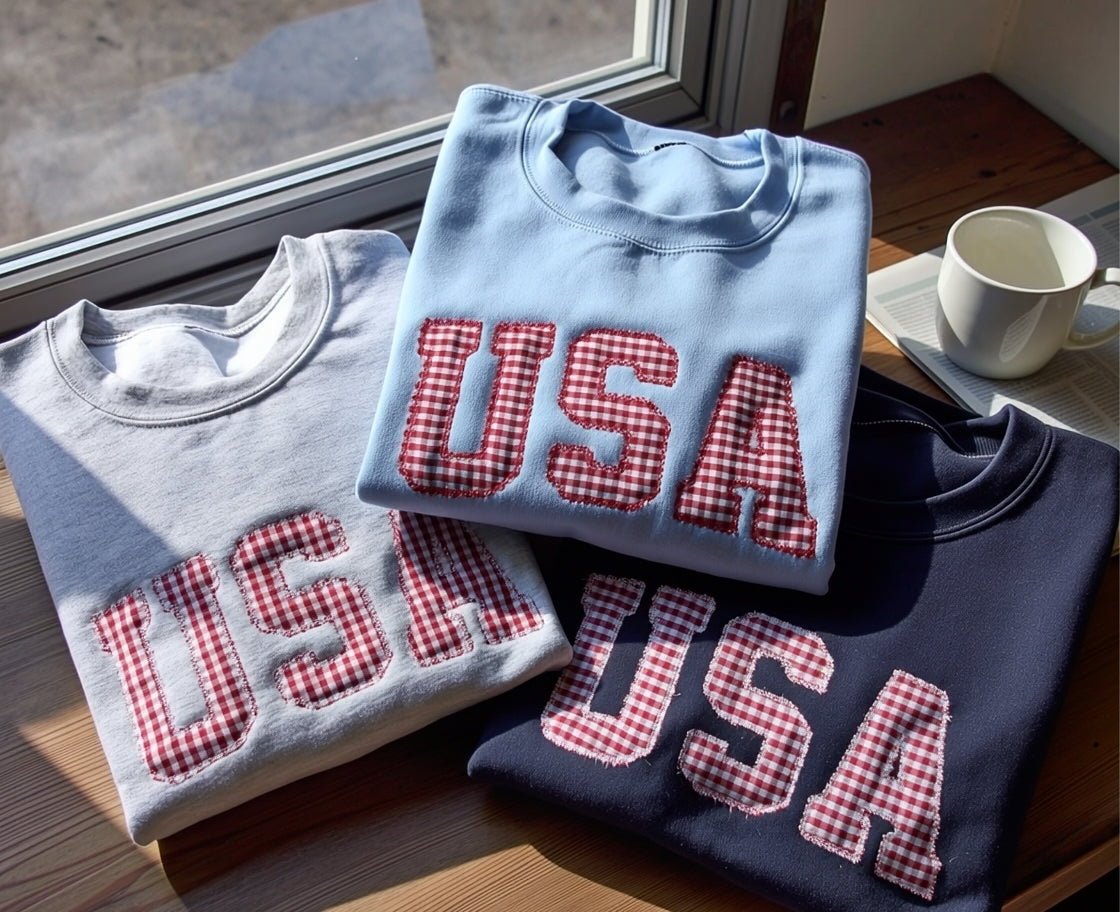 Embroidered USA Red White & Blue Gingham 4th of July Crewneck