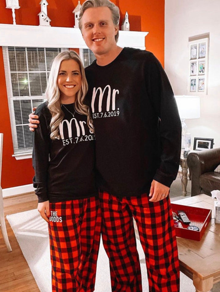 mr and mrs holiday pajamas, mr and mrs christmas pajamas, couple christmas pajamas, matching family christmas pajamas, matching pajamas - Up2ournecksinfabric