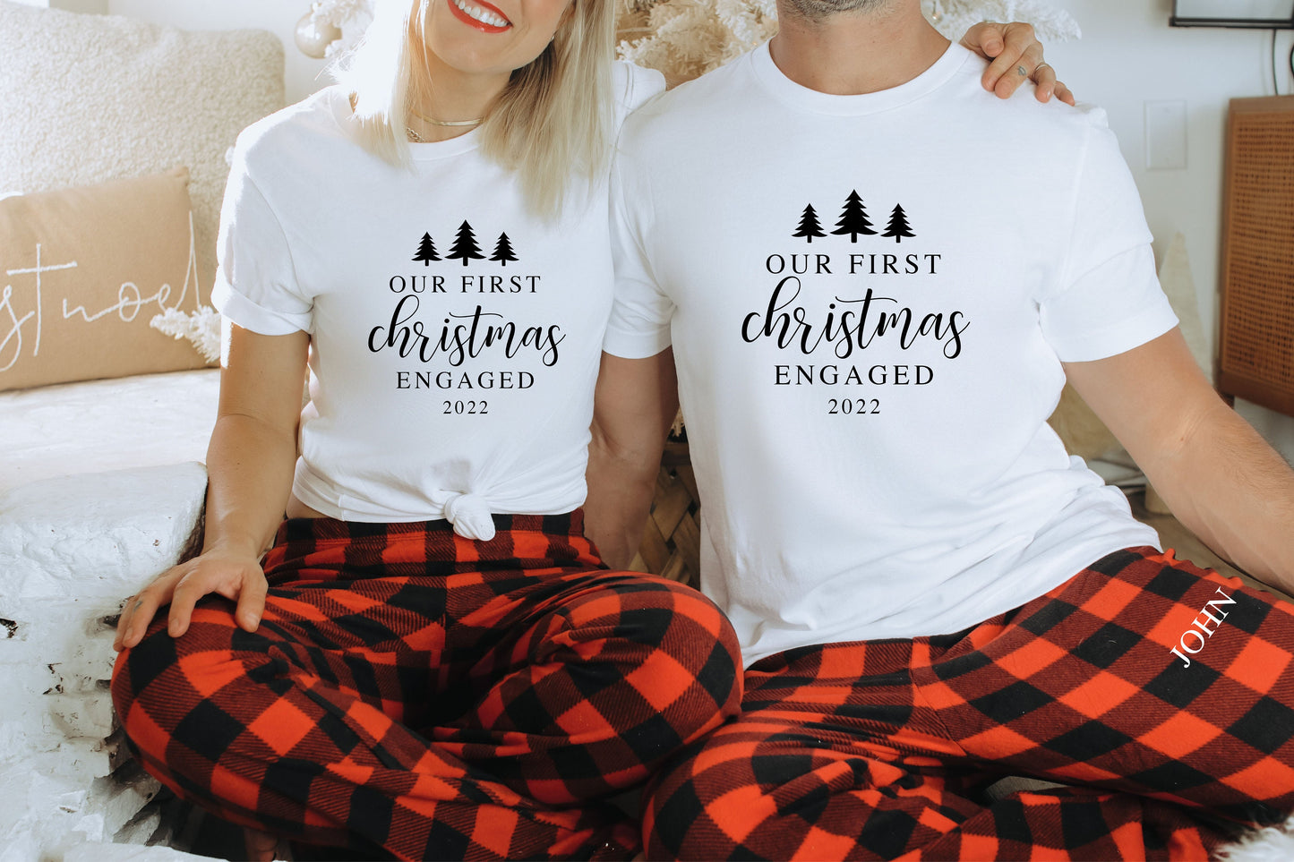 Our First Christmas Engaged Pajamas, Couples Christmas Pajamas, Matching Couples Christmas Pajamas, Mr and Mrs Couple Pajamas - Up2ournecksinfabric