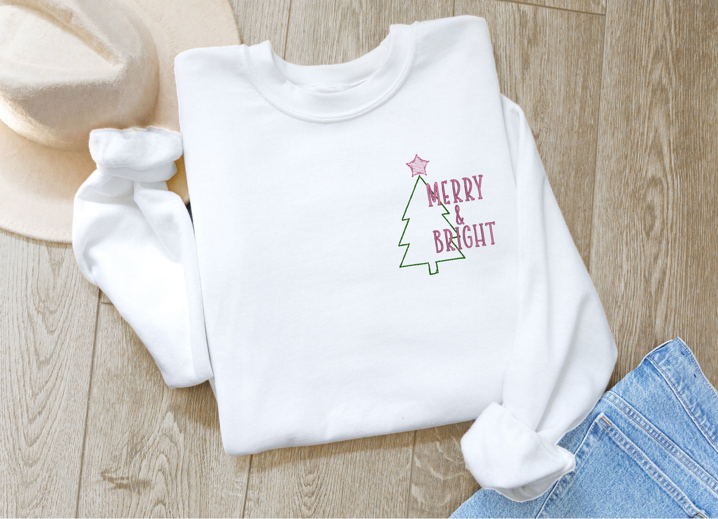 Embroidered Merry & Bright Crewneck, Christmas Crewneck, Embroidered Christmas Sweatshirt, Holiday Sweatshirt, Merry and Bright Sweater - Up2ournecksinfabric