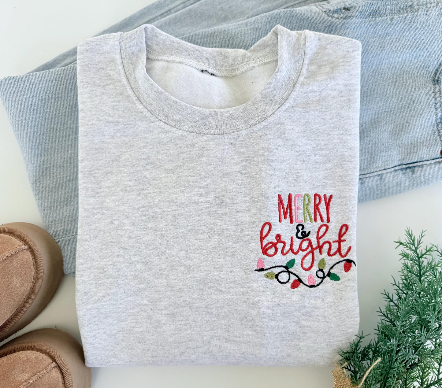Merry and Bright Sweatshirt, Embroidered Christmas Sweatshirt, Womens Christmas Sweater, Women's Christmas Outfit