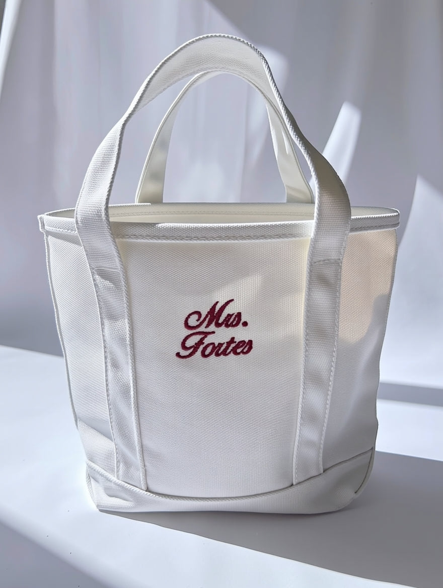 Personalized White Embroidered Mrs. Tote Bag