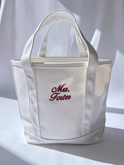 Personalized White Embroidered Mrs. Tote Bag