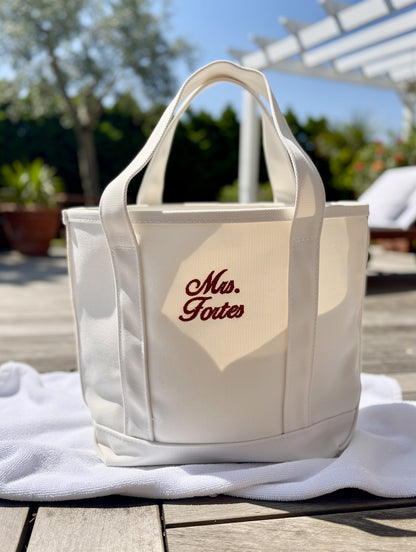 Personalized White Embroidered Mrs. Tote Bag
