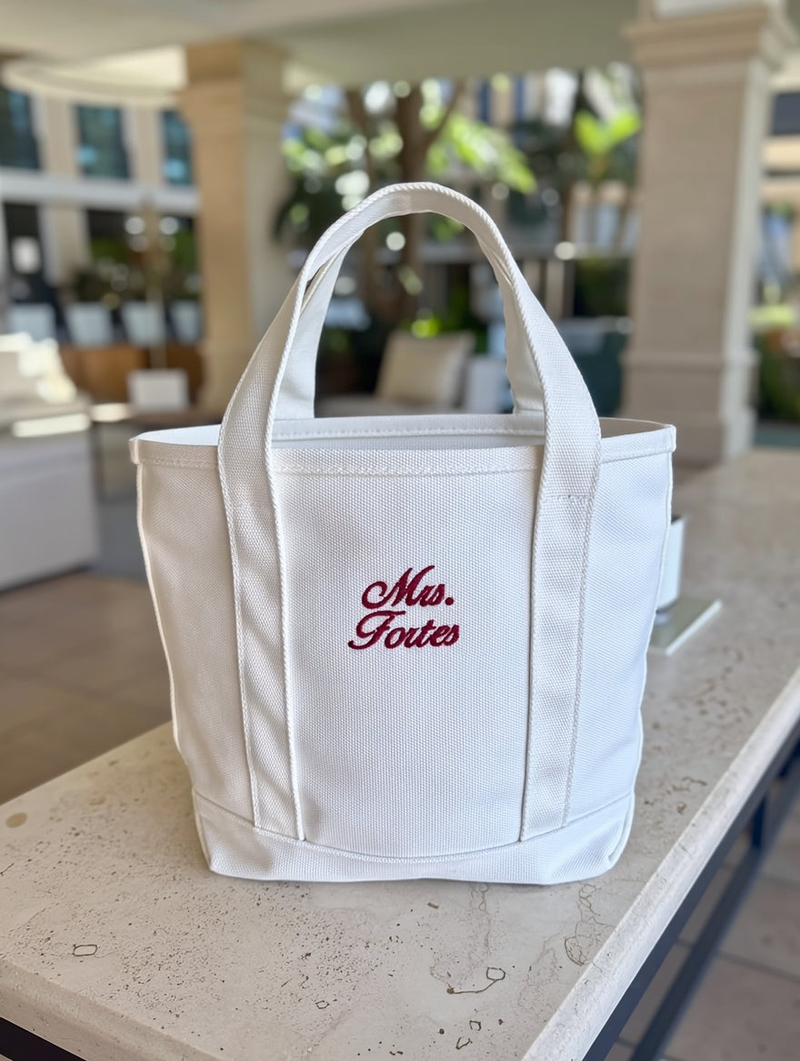 Personalized White Embroidered Mrs. Tote Bag