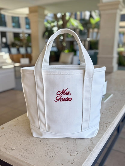 Personalized White Embroidered Mrs. Tote Bag