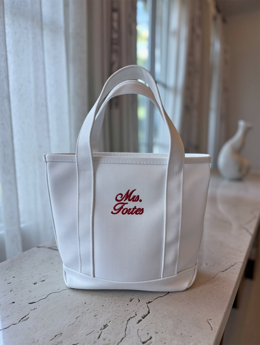 Personalized White Embroidered Mrs. Tote Bag