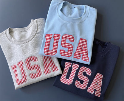 Embroidered USA Red White & Blue Gingham 4th of July Crewneck