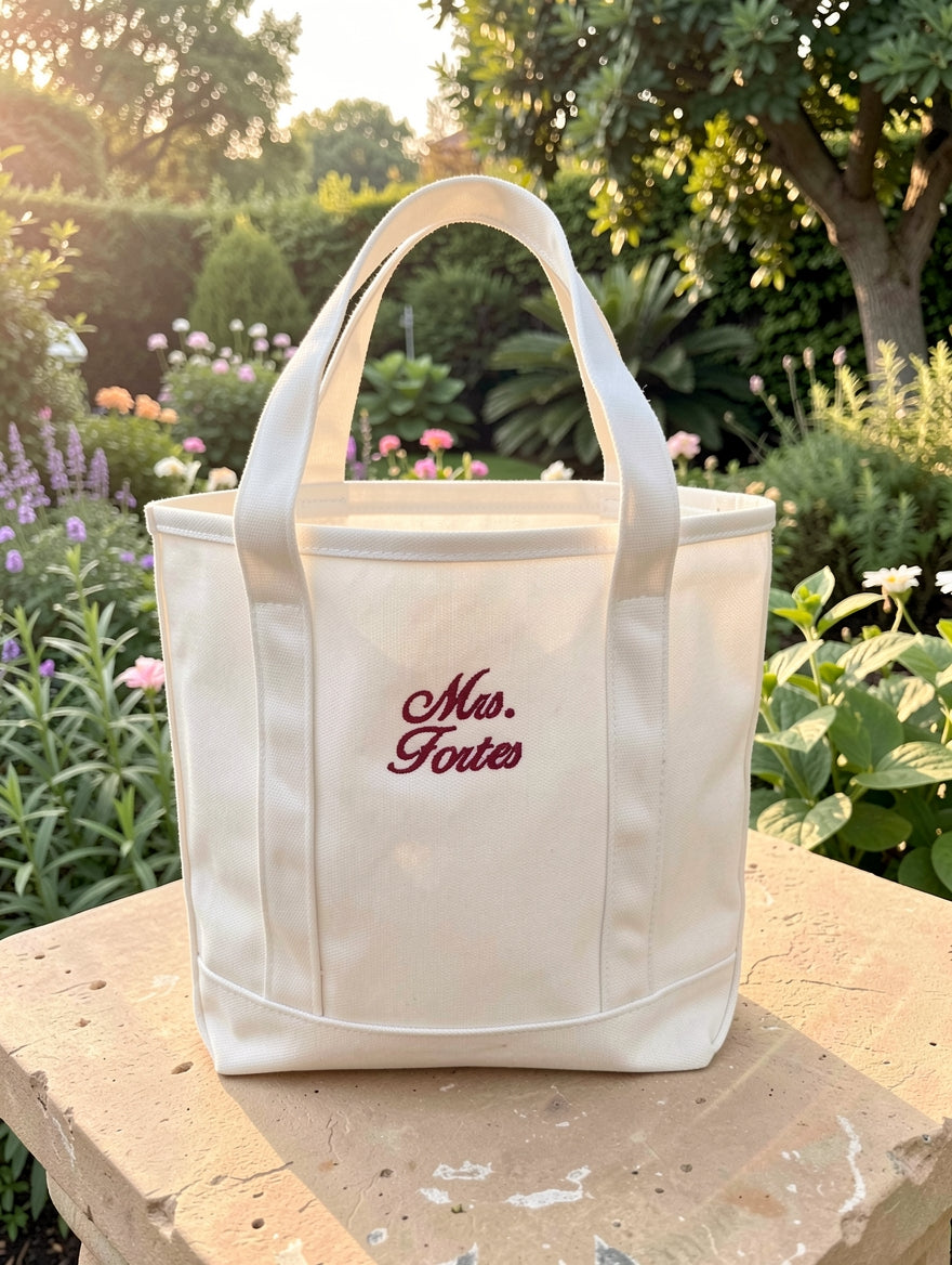 Personalized White Embroidered Mrs. Tote Bag