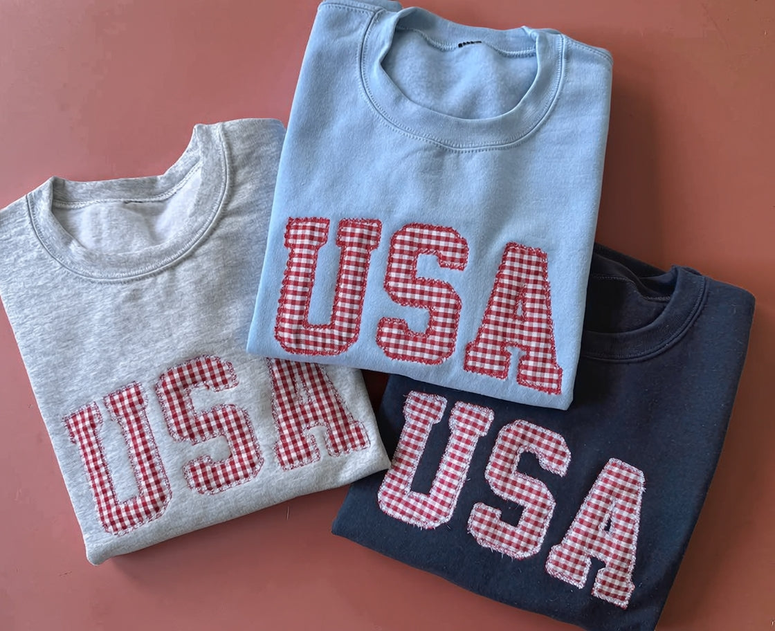 Embroidered USA Red White & Blue Gingham 4th of July Crewneck