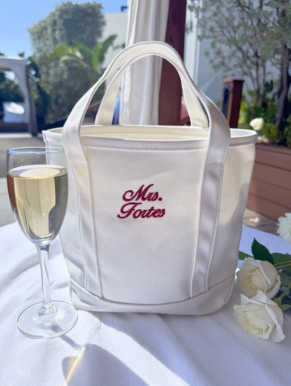 Personalized White Embroidered Mrs. Tote Bag