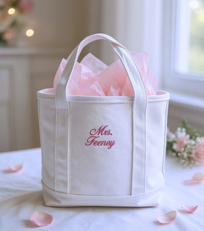 Personalized White Embroidered Mrs. Tote Bag