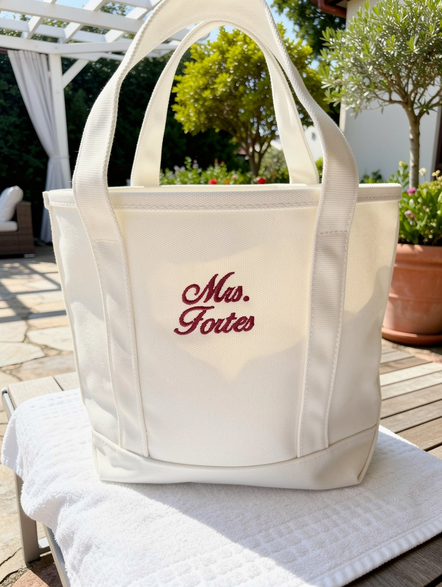 Personalized White Embroidered Mrs. Tote Bag