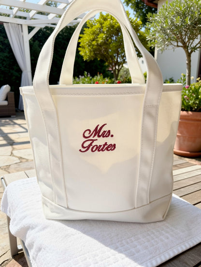 Personalized White Embroidered Mrs. Tote Bag