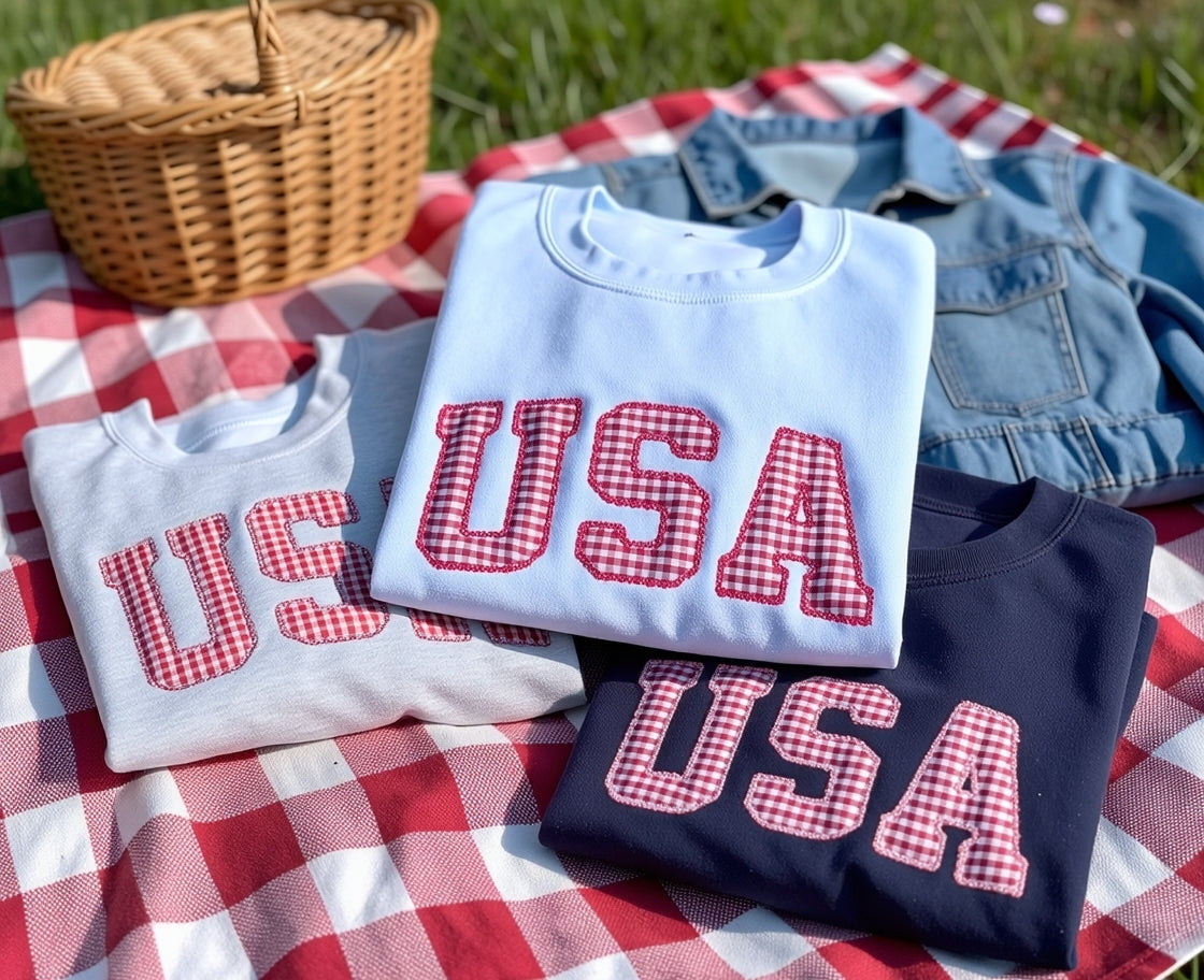 Embroidered USA Red White & Blue Gingham 4th of July Crewneck
