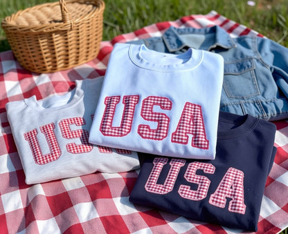 Embroidered USA Red White & Blue Gingham 4th of July Crewneck