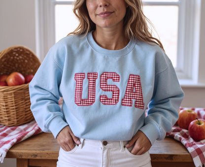 Embroidered USA Red White & Blue Gingham 4th of July Crewneck