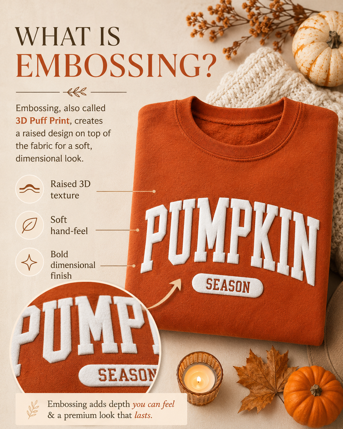 Embossed Fall Pumpkin Season Crewneck Sweatshirt