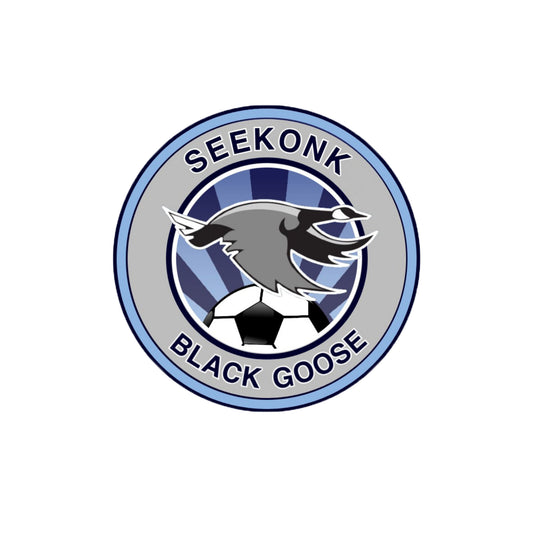 A circular Seekonk Black Goose logo emblem on a plain white background, featuring a goose head over a soccer ball with blue and gray stripes and the words 'SEEKONK BLACK GOOSE' around the circle.
