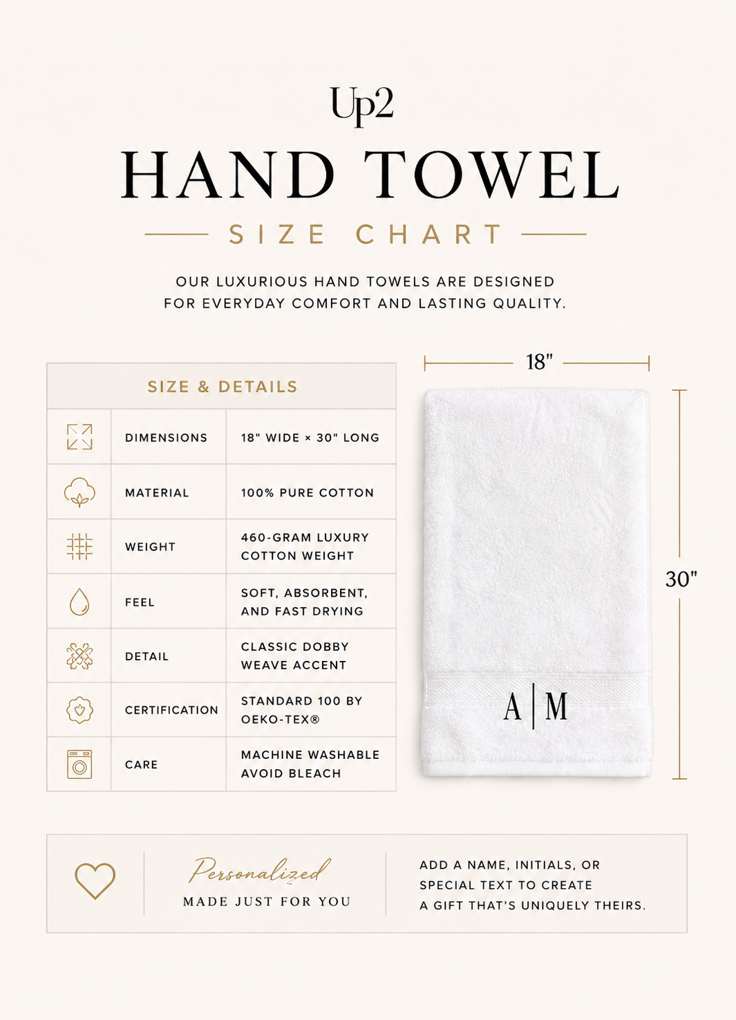 An informational size chart graphic for an Up2 hand towel. The layout features a clean beige background with black and gold typography detailing the product specifications, alongside a visual representation of a white textured hand towel with dimension markers indicating 18" by 30".