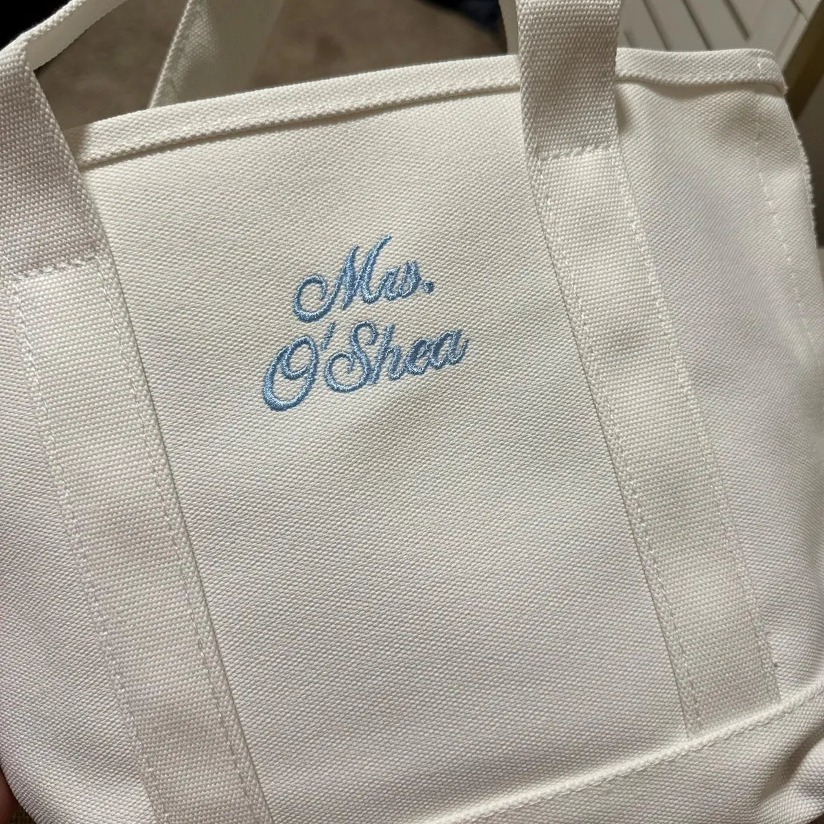 Personalized White Embroidered Mrs. Tote Bag