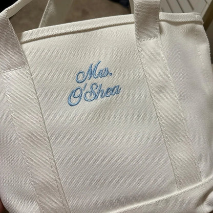 Personalized White Embroidered Mrs. Tote Bag