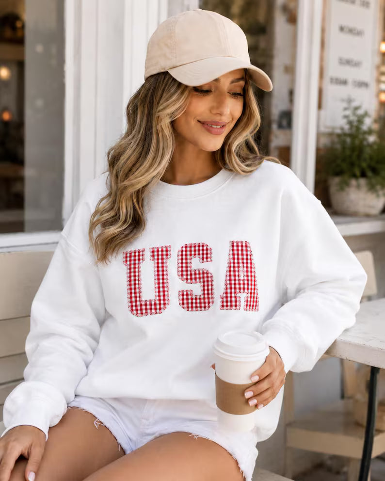 Embroidered USA Red White & Blue Gingham 4th of July Crewneck