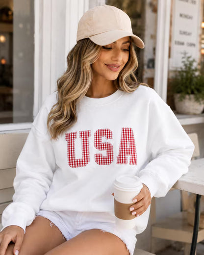 Embroidered USA Red White & Blue Gingham 4th of July Crewneck
