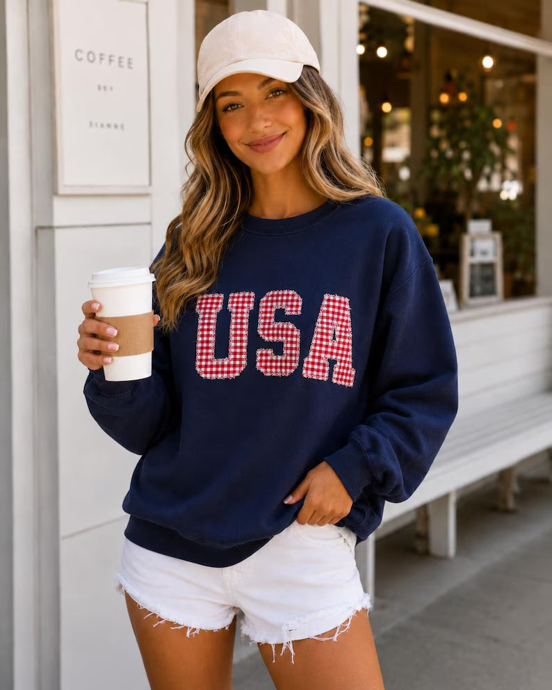 Embroidered USA Red White & Blue Gingham 4th of July Crewneck
