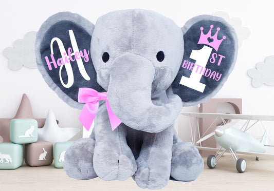 1st birthday gift, personalized birthday gift, birthday stuffed animal, birthday keepsake, birthday stuffed elephant, 1st bday gift - Up2ournecksinfabric