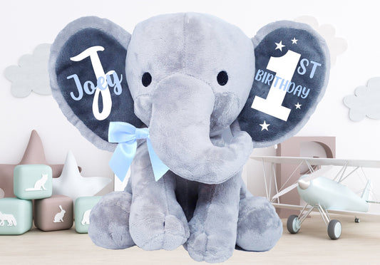 1st birthday gift, personalized birthday gift, birthday stuffed animal, birthday keepsake, birthday stuffed elephant, 1st bday gift - Up2ournecksinfabric