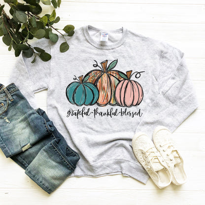 Grateful Thankful Blessed Pumpkin Sweatshirt - Up2ournecksinfabric
