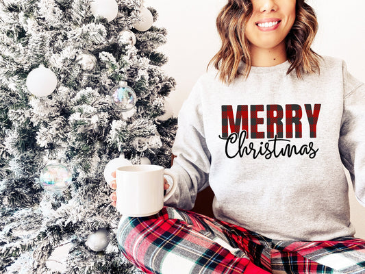 Womens Christmas sweatshirt, Christmas Outfit, Buffalo Plaid shirt, Christmas Sweater, christmas sweatshirt, christmas pajamas women - Up2ournecksinfabric