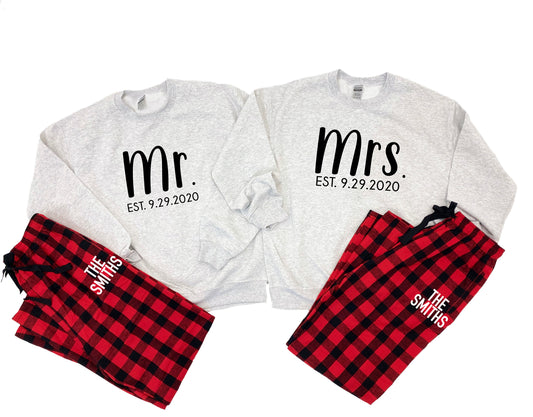 mr and mrs couple pajamas, Our First Christmas Pajamas, Couples Christmas pajamas, matching christmas pajamas, Newlywed Christmas Pajamas - Up2ournecksinfabric