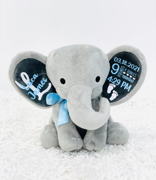 personalized elephant, stuffed animal gift, baby shower gift, newborn gift, new baby gift, birth announcement, baby gift, welcome home baby - Up2ournecksinfabric