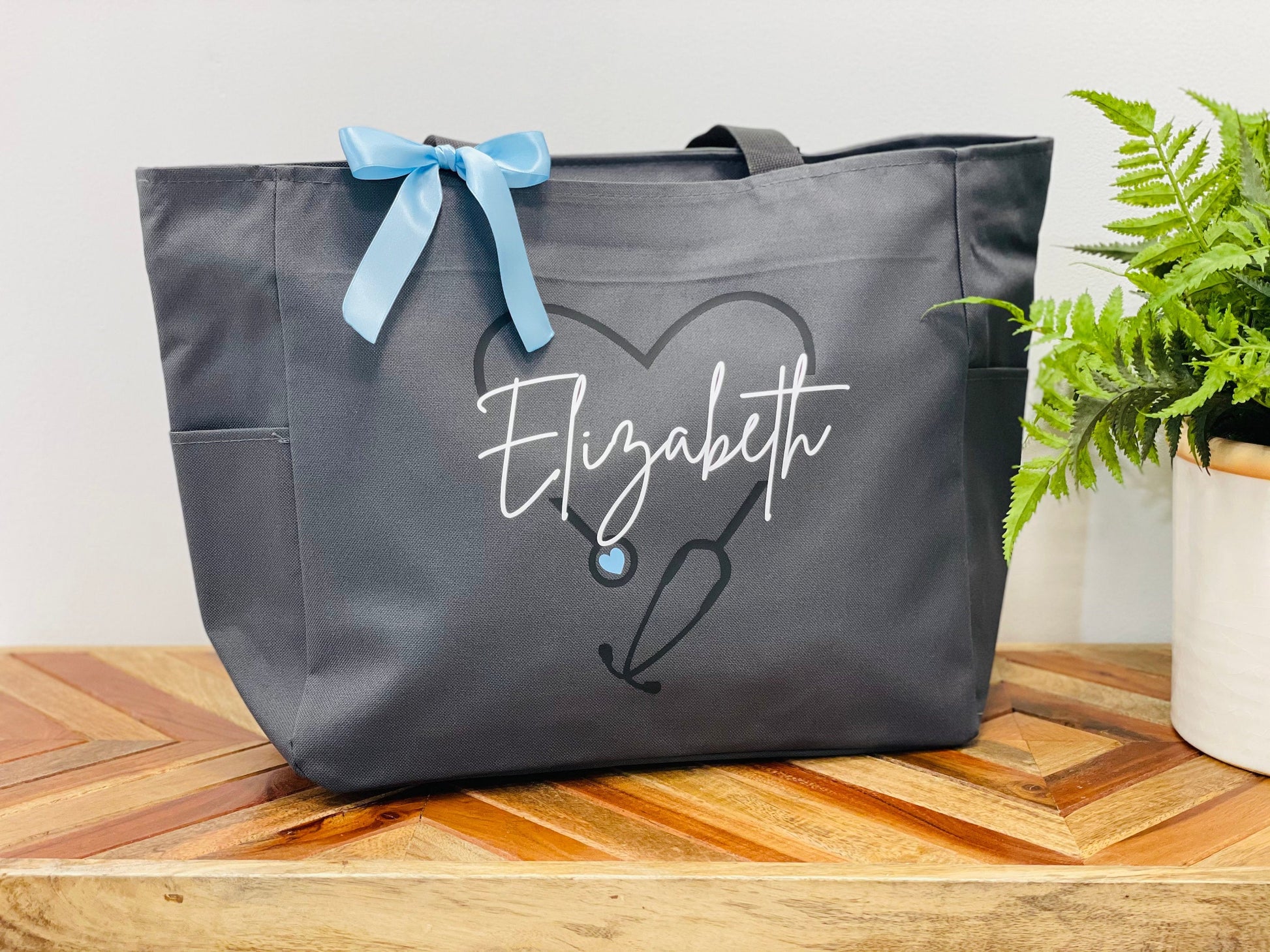 Personalized Nurse Tote Bag for Graduation or Doctor Gifts Charcoal Font #1 Light Blue