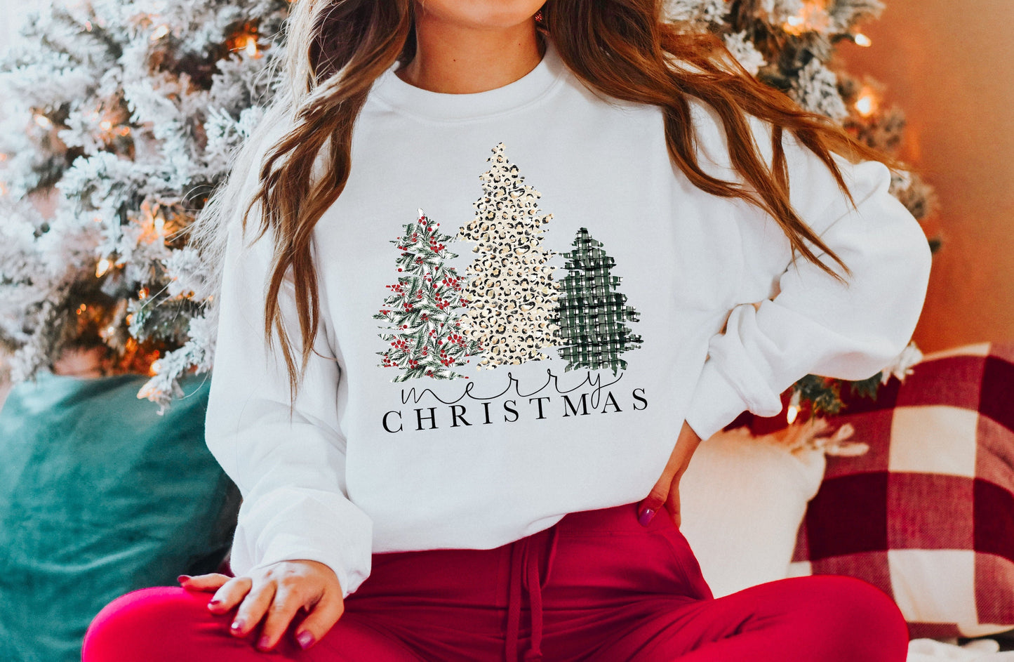 Merry Christmas Sweatshirt, Womens Christmas Crewneck, Womens Christmas Sweatshirt, Christmas Tree Sweatshirt, Womens Christmas Pajamas - Up2ournecksinfabric