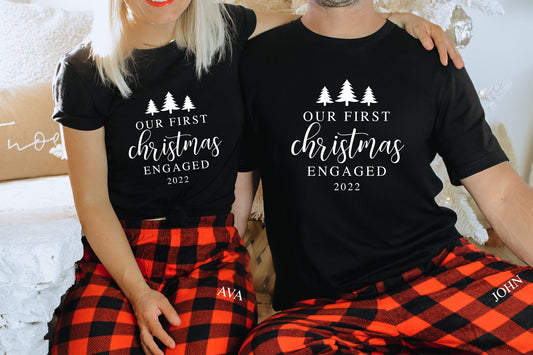 Our First Christmas Engaged Pajamas, Couples Christmas Pajamas, Matching Couples Christmas Pajamas, Mr and Mrs Couple Pajamas - Up2ournecksinfabric