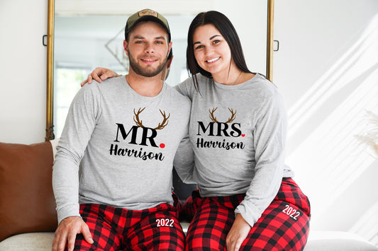 Matching Couples Newlywed Antler Holiday Pajamas