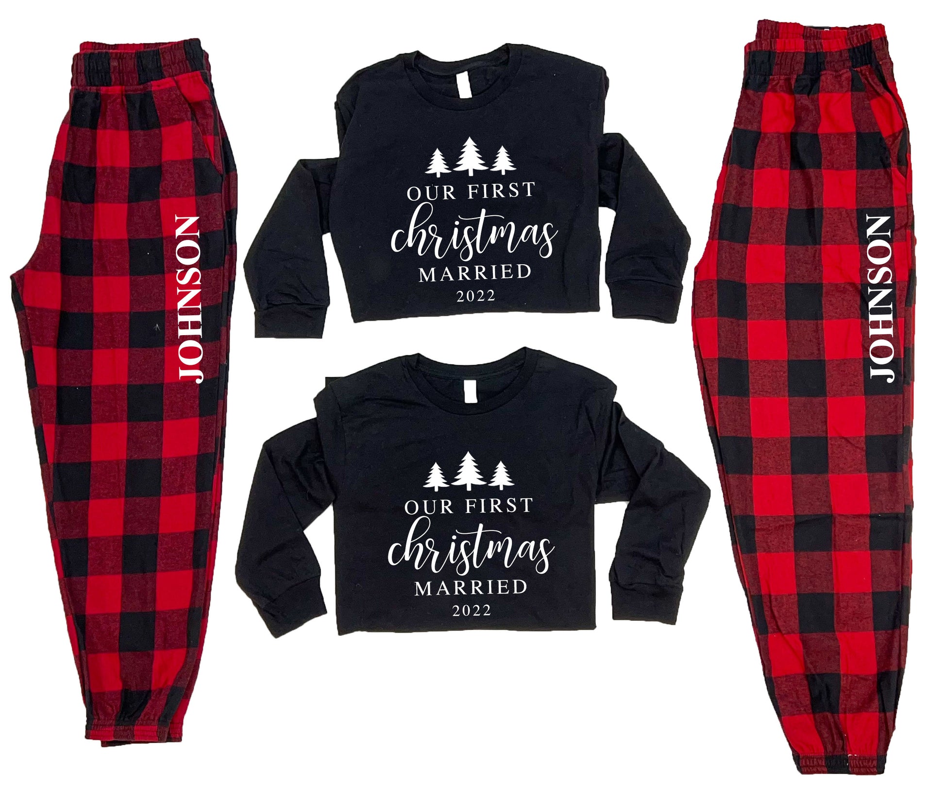 Our First Christmas Engaged Christmas Pajamas Black Long Sleeve Small