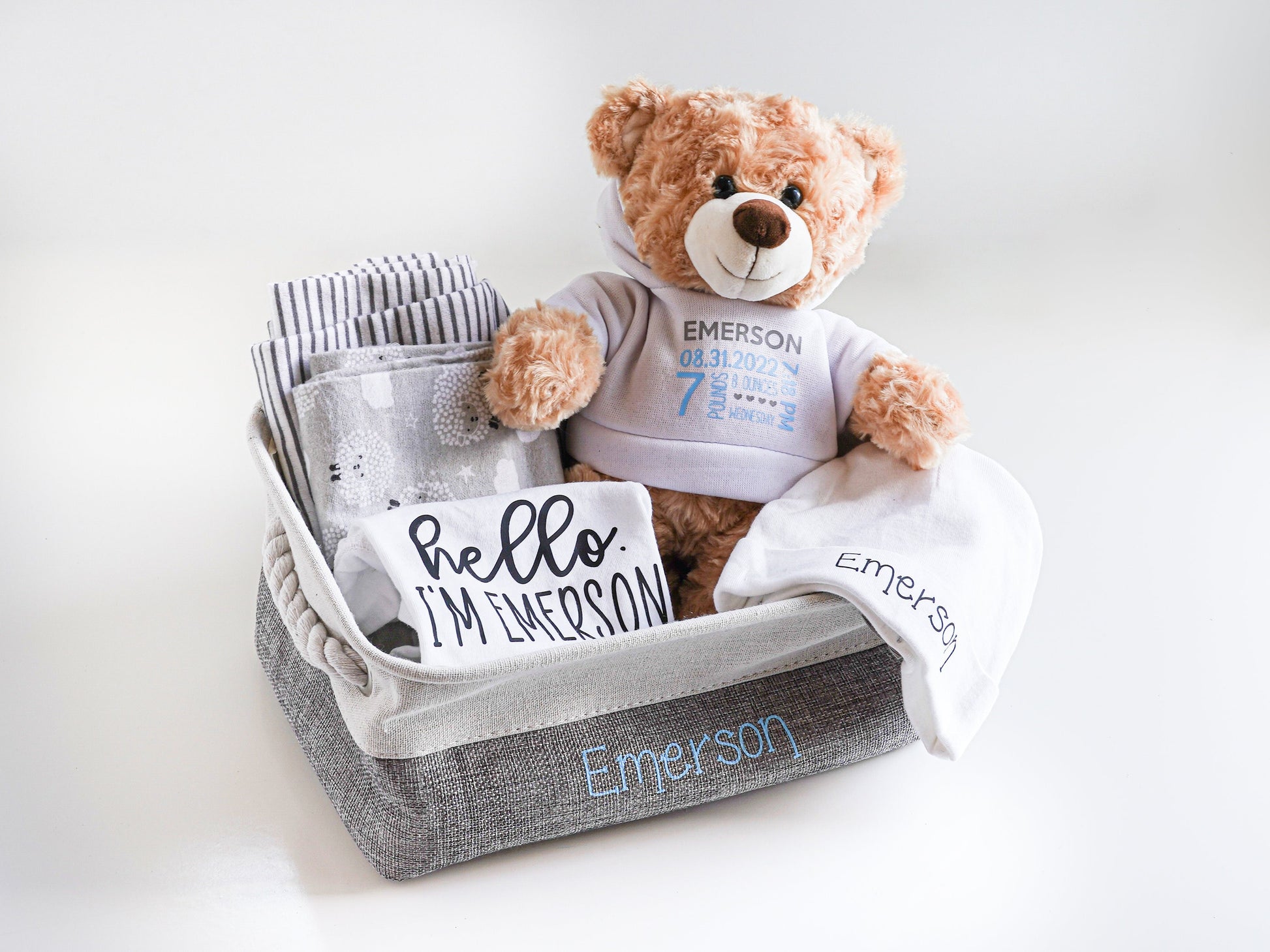 Teddy Bear Newborn Baby Welcome Home Gift Basket Light Blue Newborn