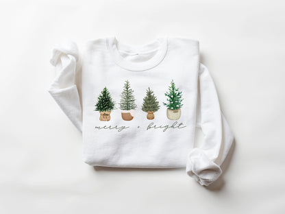 Merry and Bright, Womens Christmas Sweatshirt, Christmas Sweater, Christmas Crewneck, Christmas Tree Sweatshirt, Christmas Sweater Women - Up2ournecksinfabric