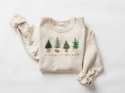 Merry and Bright, Womens Christmas Sweatshirt, Christmas Sweater, Christmas Crewneck, Christmas Tree Sweatshirt, Christmas Sweater Women - Up2ournecksinfabric