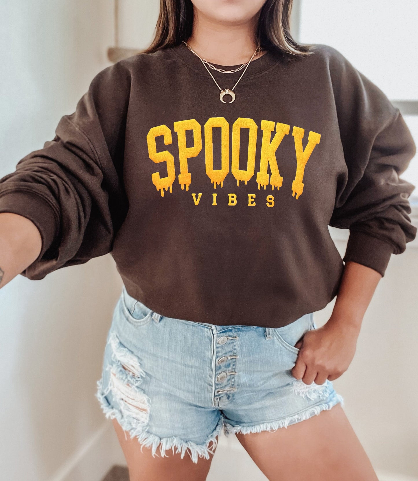 Spooky Vibes Oversized Chocolate Sweatshirt - Up2ournecksinfabric