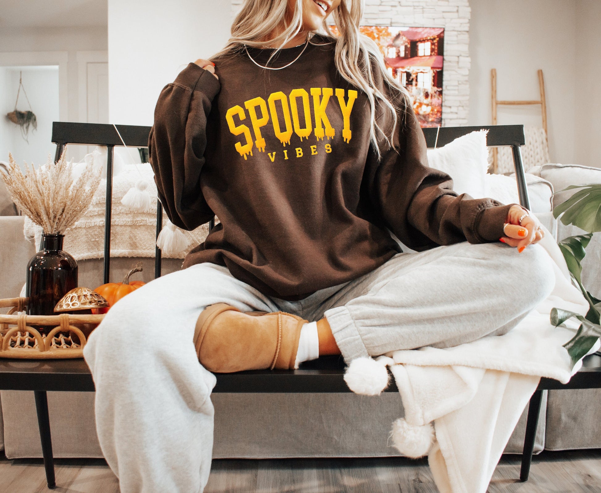 Spooky Vibes Oversized Chocolate Sweatshirt - Up2ournecksinfabric