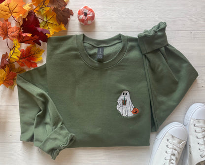 Embroidered Halloween Coffee Lovin' Ghost Sweatshirt - Up2ournecksinfabric