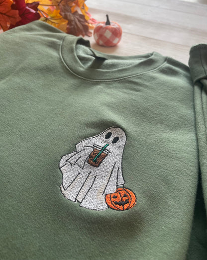 Embroidered Halloween Coffee Lovin' Ghost Sweatshirt - Up2ournecksinfabric