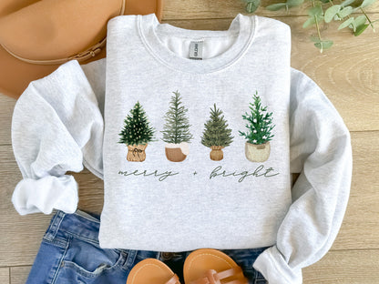 Merry and Bright, Womens Christmas Sweatshirt, Christmas Sweater, Christmas Crewneck, Christmas Tree Sweatshirt, Christmas Sweater Women - Up2ournecksinfabric