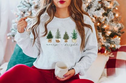 Merry and Bright, Womens Christmas Sweatshirt, Christmas Sweater, Christmas Crewneck, Christmas Tree Sweatshirt, Christmas Sweater Women - Up2ournecksinfabric