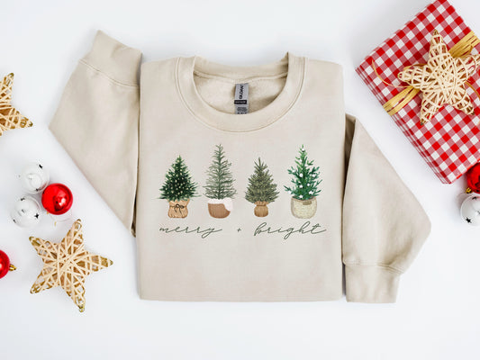 Merry and Bright, Womens Christmas Sweatshirt, Christmas Sweater, Christmas Crewneck, Christmas Tree Sweatshirt, Christmas Sweater Women - Up2ournecksinfabric